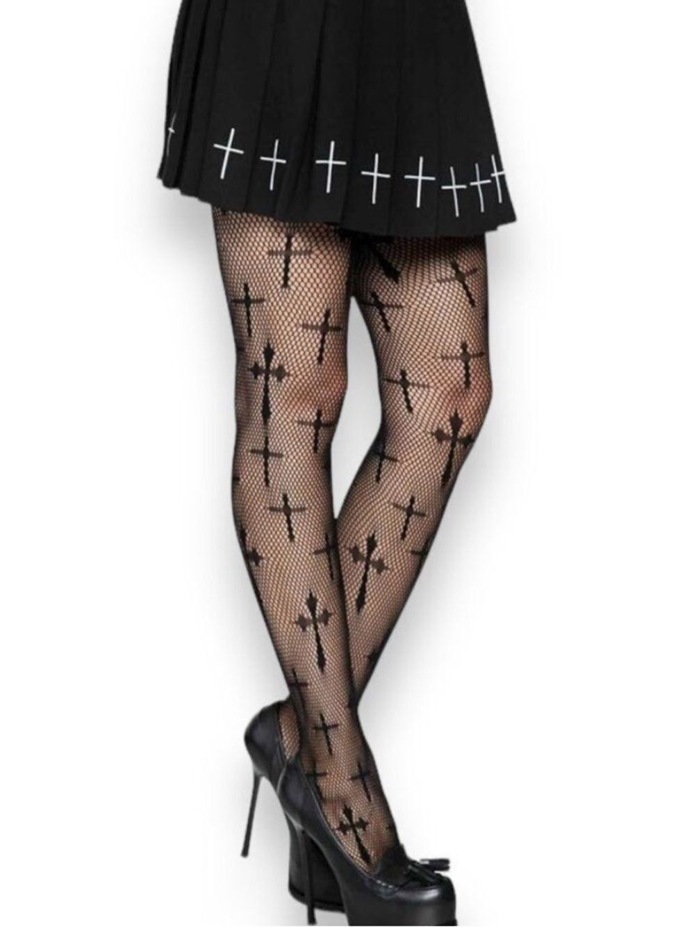 Black Worship Me Cross Fishnet Tights Stockings Goth Punk  NWT